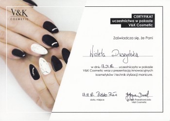 Wioleta Duszyńska - certyfikat V&K Cosmetic 